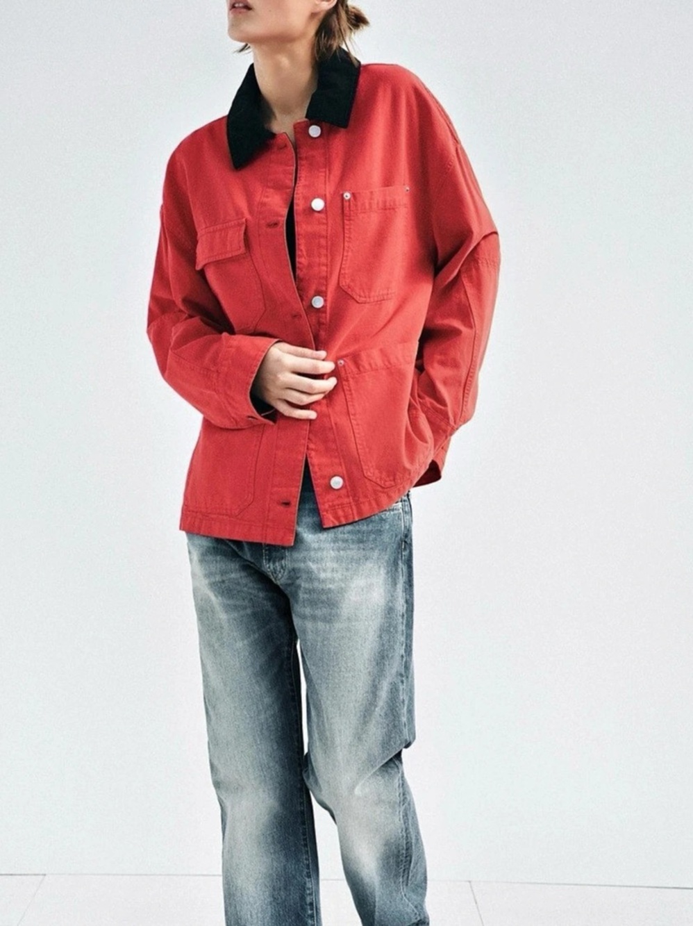 Zara ZW Collection Contrast Collar Utility Barn Jacket Red Black M